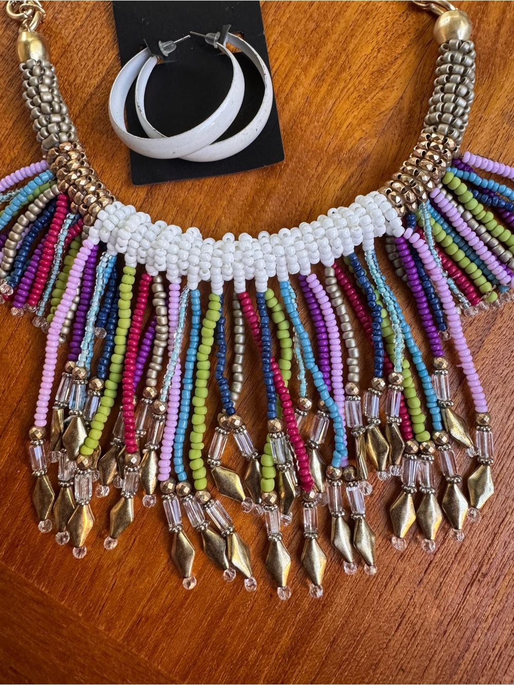 Chico's Gold-Tone Multicolor Seed Bead Fringe Necklace-Metal Hoop Earrings - Picture 3 of 4